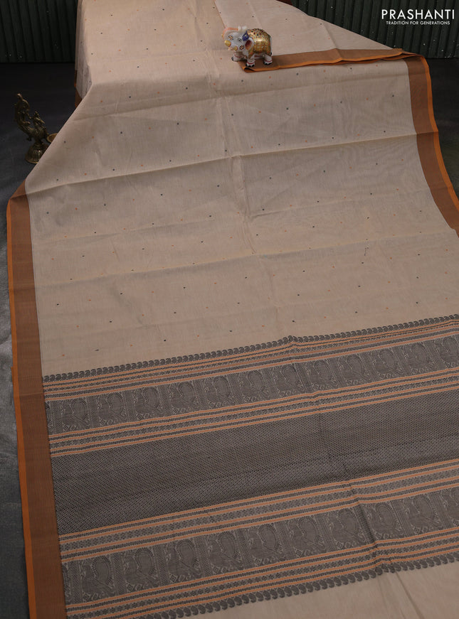 Kanchi cotton saree beige and mustard yellow with thread woven buttas and simple border
