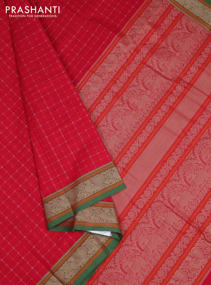 Kanchi cotton saree red and green with allover thread checked pattern and annam thread woven border