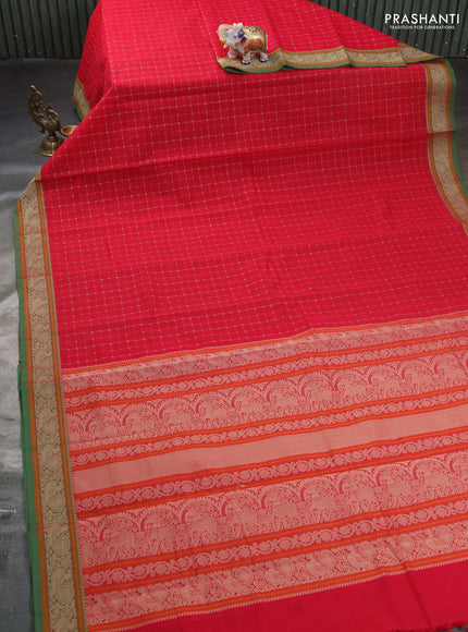 Kanchi cotton saree red and green with allover thread checked pattern and annam thread woven border
