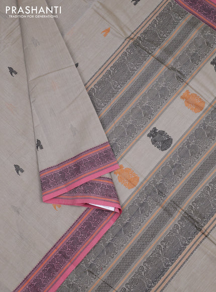Kanchi cotton saree beige and peach pink with thread woven buttas and thread woven border