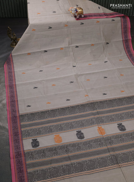 Kanchi cotton saree beige and peach pink with thread woven buttas and thread woven border