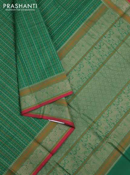 Kanchi cotton saree green and red with allover thread checks & buttas and thread woven border