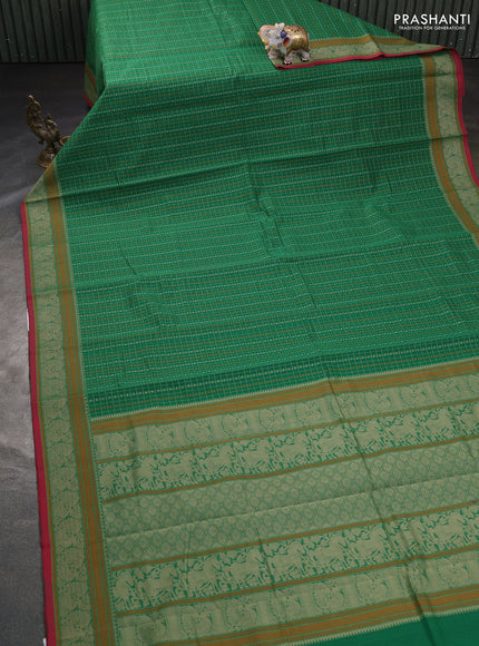 Kanchi cotton saree green and red with allover thread checks & buttas and thread woven border