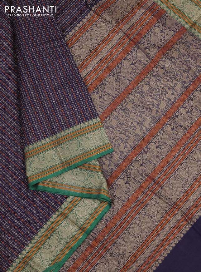 Kanchi cotton saree navy blue and green with allover thread checks & buttas and thread woven border