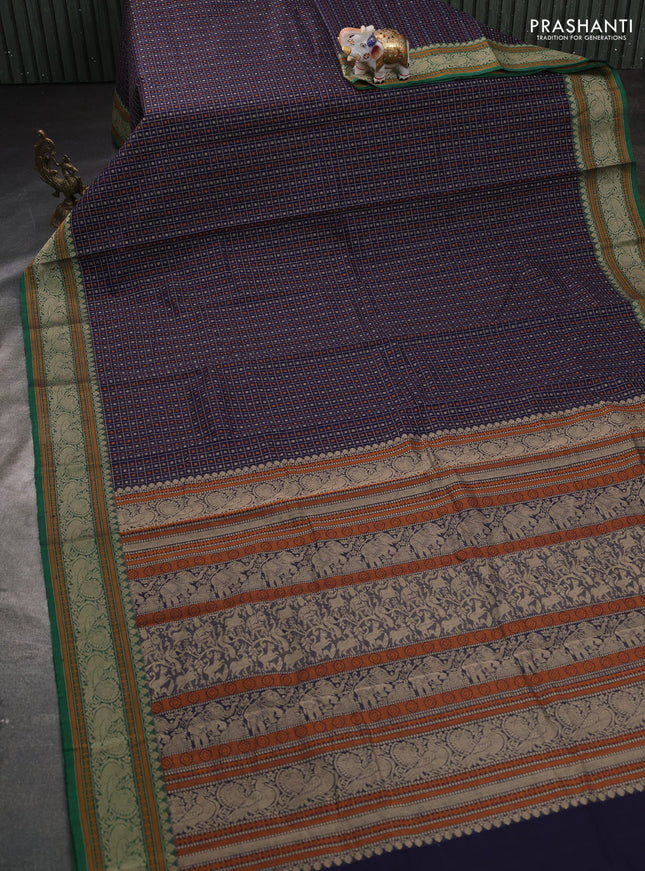 Kanchi cotton saree navy blue and green with allover thread checks & buttas and thread woven border