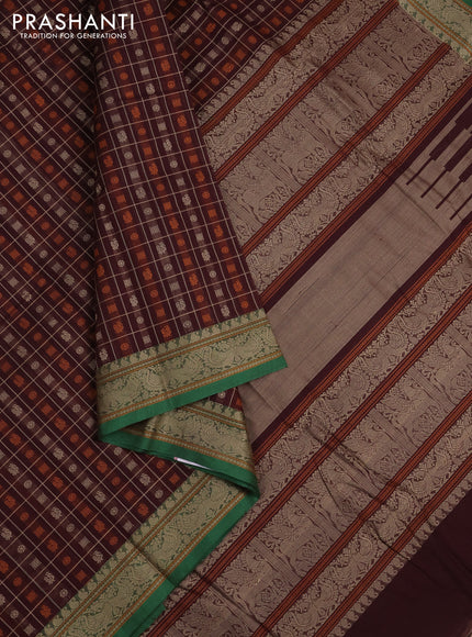 Kanchi cotton saree coffee brown and green with allover thread checks & buttas and thread woven border