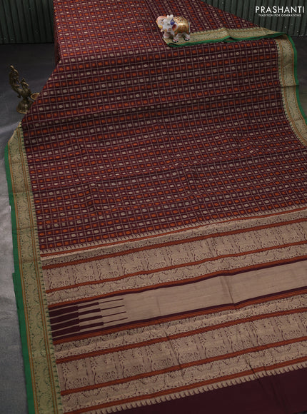 Kanchi cotton saree coffee brown and green with allover thread checks & buttas and thread woven border