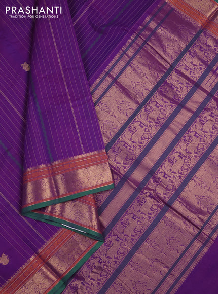 Kanchi cotton saree purple and green with allover zari stripes & buttas and zari woven border