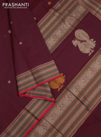 Kanchi cotton saree deep maroon and red with thread woven buttas and zari woven border