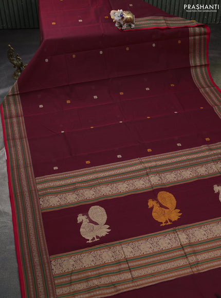 Kanchi cotton saree deep maroon and red with thread woven buttas and zari woven border