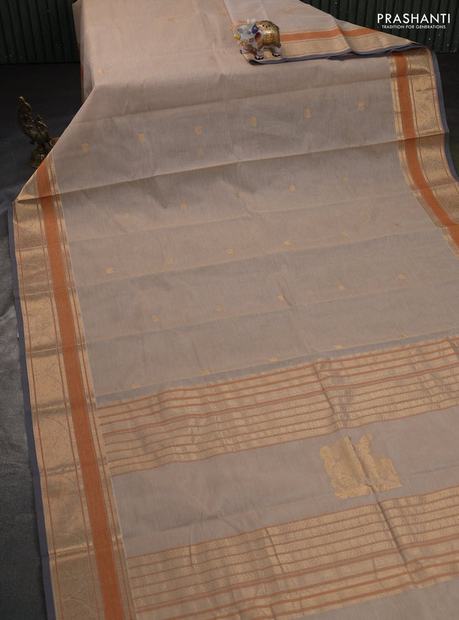 Kanchi cotton saree beige and grey with zari woven buttas and zari woven border