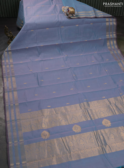 Kanchi cotton saree dual shade of teal blue and grey with zari woven buttas and zari woven border