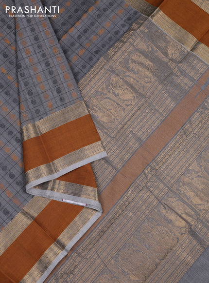 Kanchi cotton saree grey and mustard yellow with allover thread checks & buttas and rettapet zari woven border