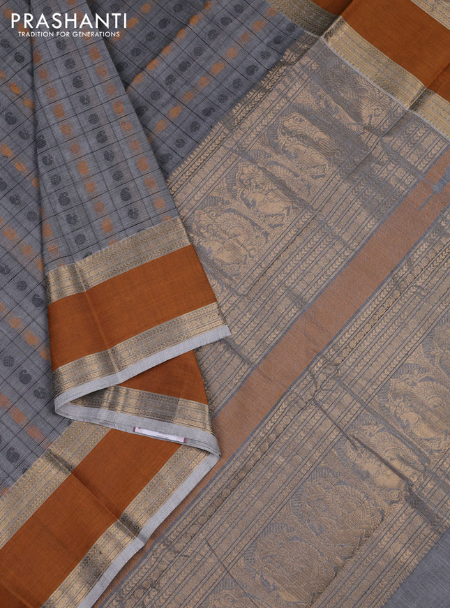 Kanchi cotton saree grey and mustard yellow with allover thread checks & buttas and rettapet zari woven border