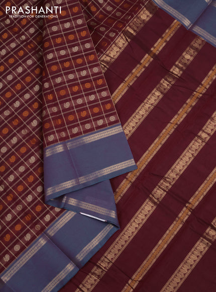 Kanchi cotton saree deep maroon and blue with allover thread checks & buttas and rettapet zari woven border