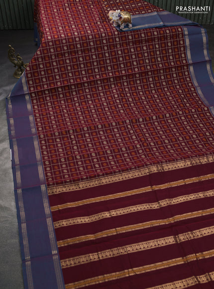 Kanchi cotton saree deep maroon and blue with allover thread checks & buttas and rettapet zari woven border
