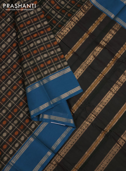 Kanchi cotton saree olive green and cs blue with allover thread checks & buttas and rettapet zari woven border
