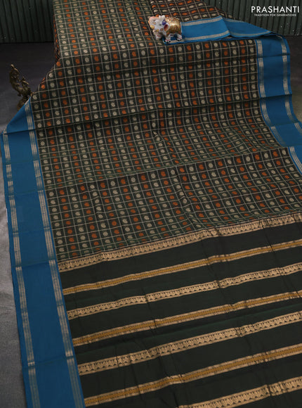 Kanchi cotton saree olive green and cs blue with allover thread checks & buttas and rettapet zari woven border