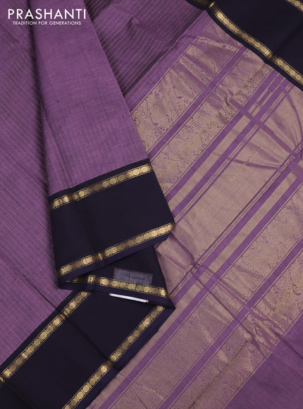 Kanchi cotton saree pastel purple and navy blue with allover zari stripe pattern and rettapet zari woven border