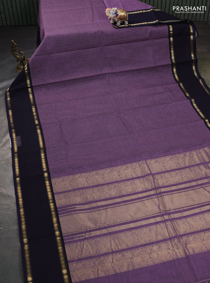 Kanchi cotton saree pastel purple and navy blue with allover zari stripe pattern and rettapet zari woven border