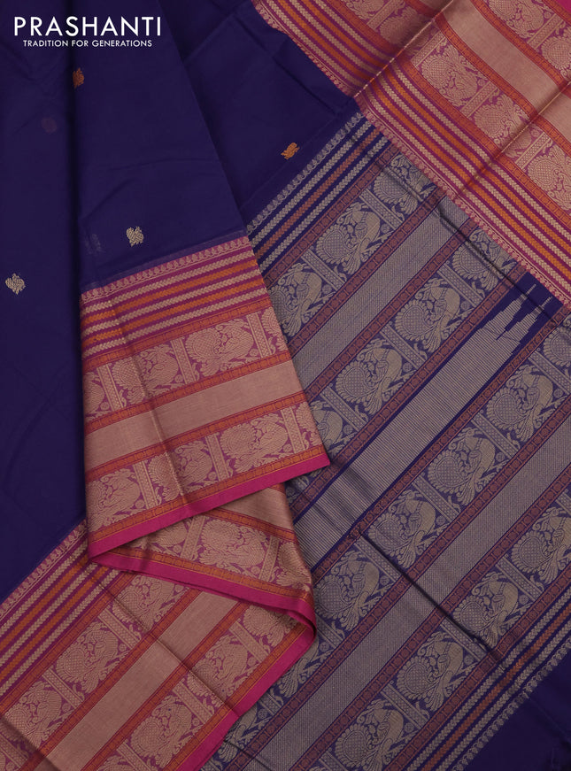 Kanchi cotton saree blue  and pink with thread woven buttas and long thread woven border