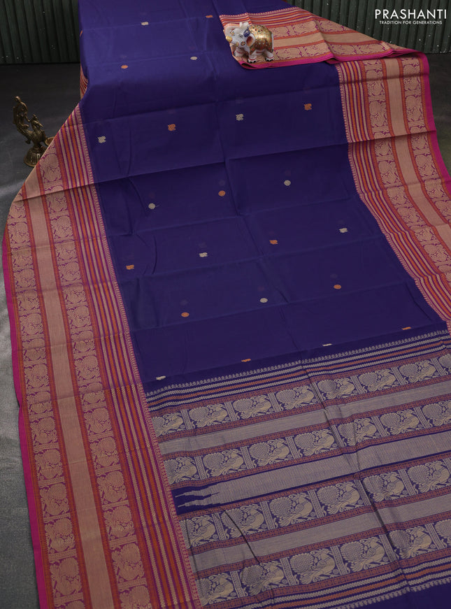 Kanchi cotton saree blue  and pink with thread woven buttas and long thread woven border