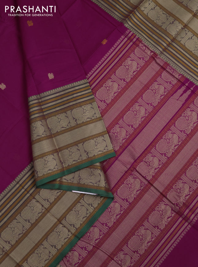 Kanchi cotton saree magenta pink and green with thread woven buttas and long thread woven border