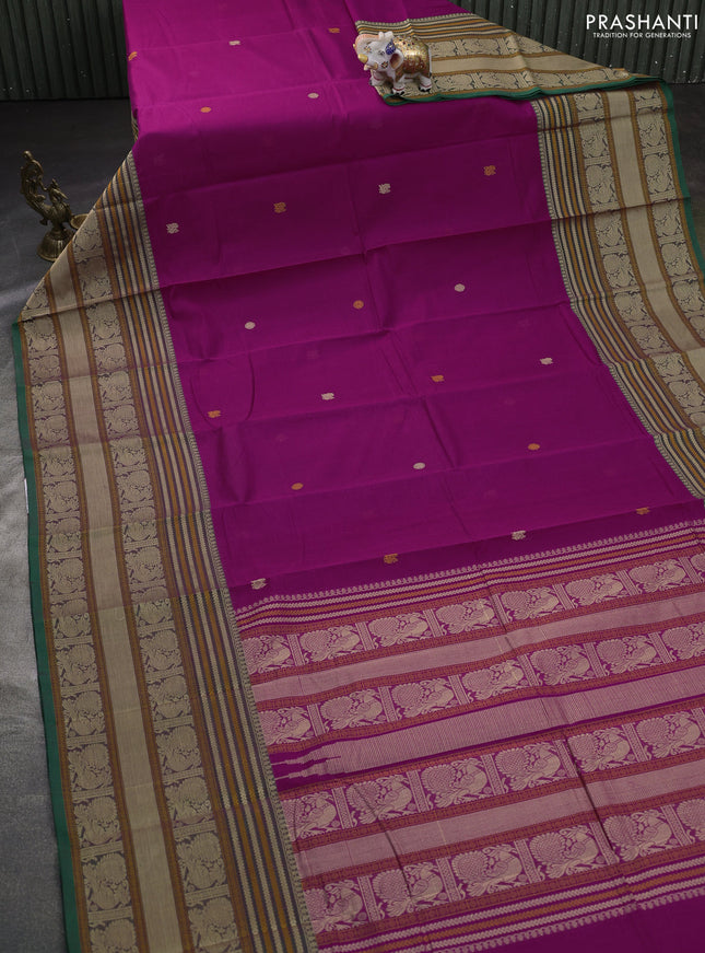 Kanchi cotton saree magenta pink and green with thread woven buttas and long thread woven border