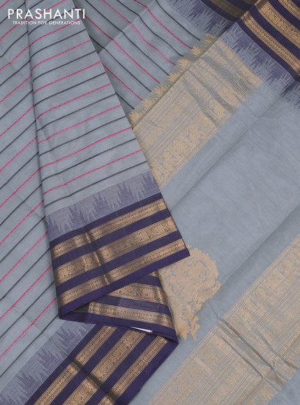 Kanchi cotton saree grey and navy blue with allover thread weaves and zari woven border