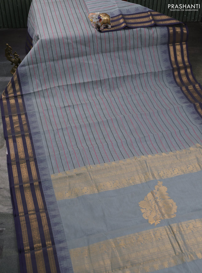 Kanchi cotton saree grey and navy blue with allover thread weaves and zari woven border