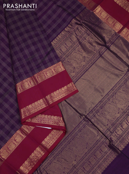 Kanchi cotton saree deep purple and maroon with allover thread checked pattern and rettapet zari woven border