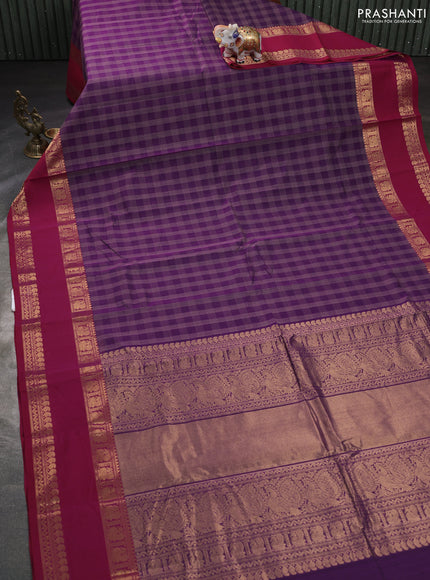 Kanchi cotton saree deep purple and maroon with allover thread checked pattern and rettapet zari woven border