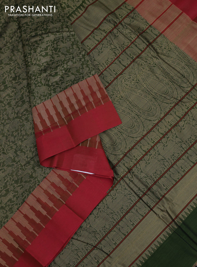 Kanchi cotton saree sap green and maroon with allover thread woven brocade weaves and long temple design simple border