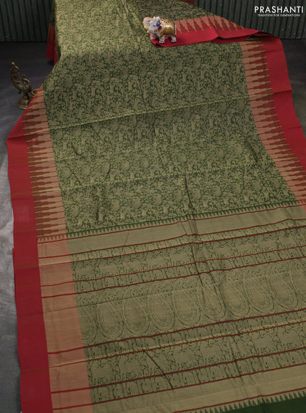 Kanchi cotton saree sap green and maroon with allover thread woven brocade weaves and long temple design simple border