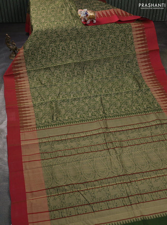 Kanchi cotton saree sap green and maroon with allover thread woven brocade weaves and long temple design simple border