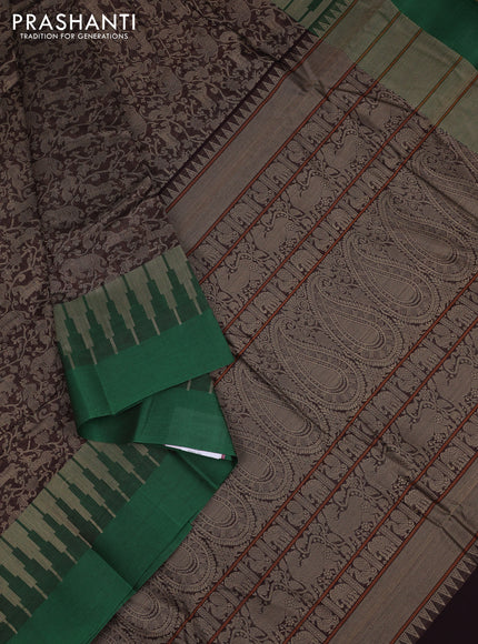 Kanchi cotton saree coffee brown and green with allover thread woven brocade weaves and long temple design simple border
