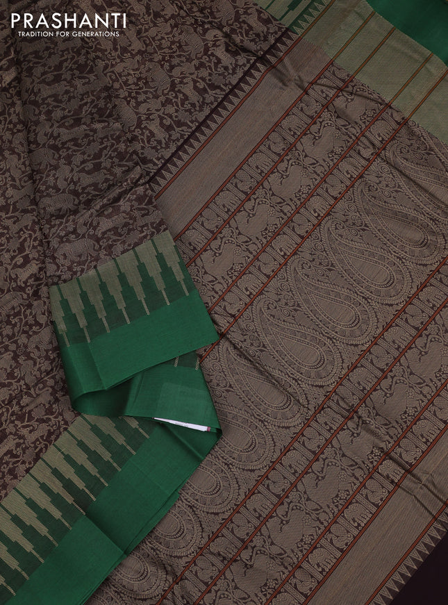 Kanchi cotton saree coffee brown and green with allover thread woven brocade weaves and long temple design simple border