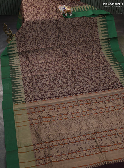 Kanchi cotton saree coffee brown and green with allover thread woven brocade weaves and long temple design simple border