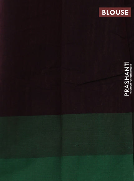 Kanchi cotton saree coffee brown and green with allover thread woven brocade weaves and long temple design simple border