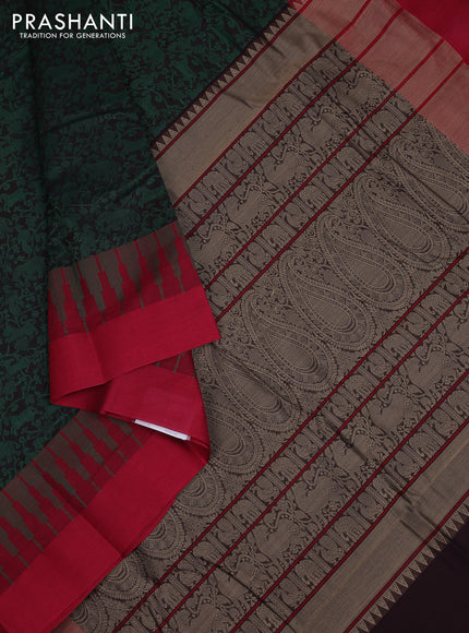 Kanchi cotton saree black and maroon with allover thread woven brocade weaves and long temple design simple border