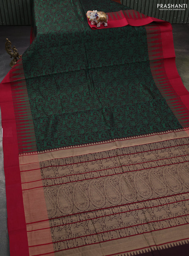Kanchi cotton saree black and maroon with allover thread woven brocade weaves and long temple design simple border
