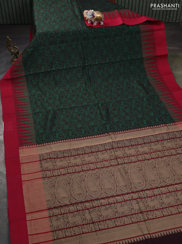 Kanchi cotton saree black and maroon with allover thread woven brocade weaves and long temple design simple border