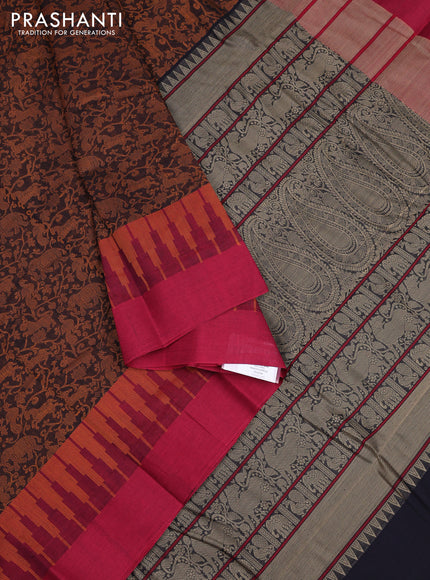 Kanchi cotton saree black and maroon with allover thread woven brocade weaves and long temple design simple border