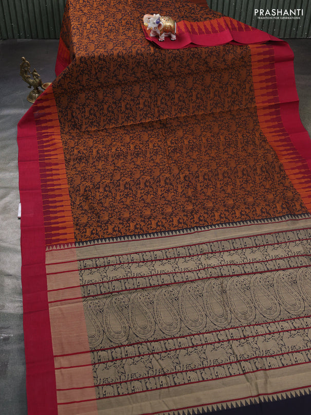 Kanchi cotton saree black and maroon with allover thread woven brocade weaves and long temple design simple border