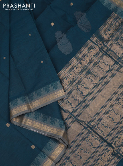 Kanchi cotton saree peacock blue and grey with zari woven buttas and temple design zari woven border