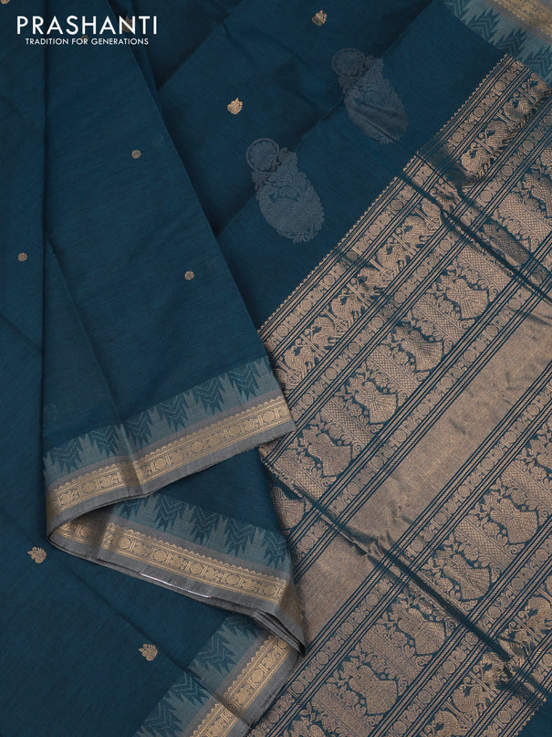 Kanchi cotton saree peacock blue and grey with zari woven buttas and temple design zari woven border