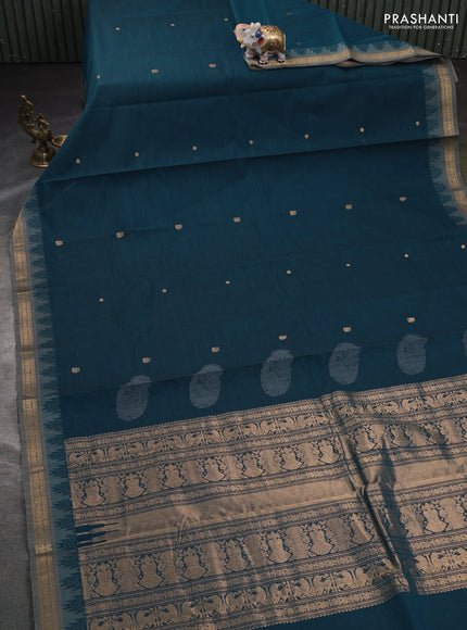 Kanchi cotton saree peacock blue and grey with zari woven buttas and temple design zari woven border