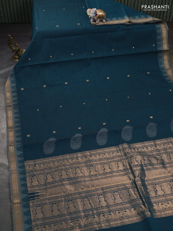 Kanchi cotton saree peacock blue and grey with zari woven buttas and temple design zari woven border