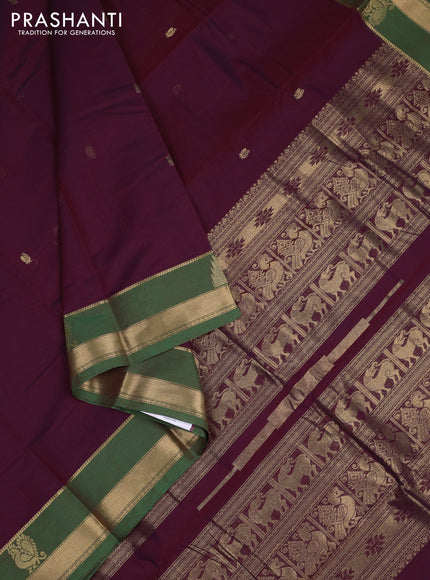 Kanchi cotton saree deep maroon and light green with zari woven buttas and temple design zari woven border