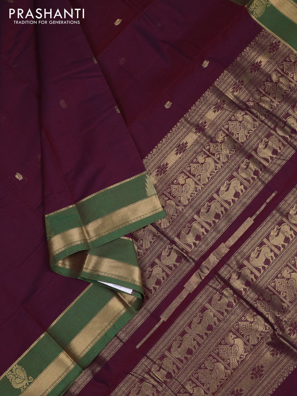 Kanchi cotton saree deep maroon and light green with zari woven buttas and temple design zari woven border